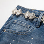 Rhinestone-Transferred & Embroidered Cut-Out Jeans
