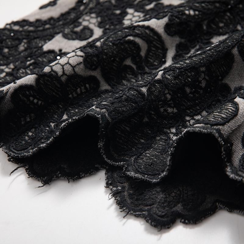 Embroidered & Rhinestone-Transferred Denim Skirt