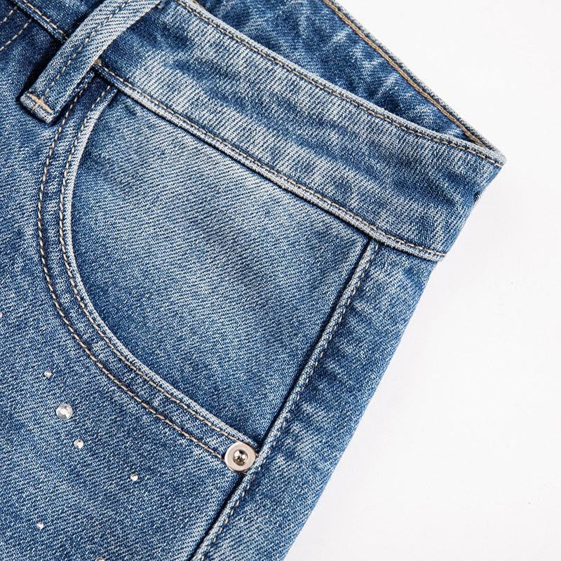 Raw Hem Floral Lace-Cut Jeans with Rhinestones