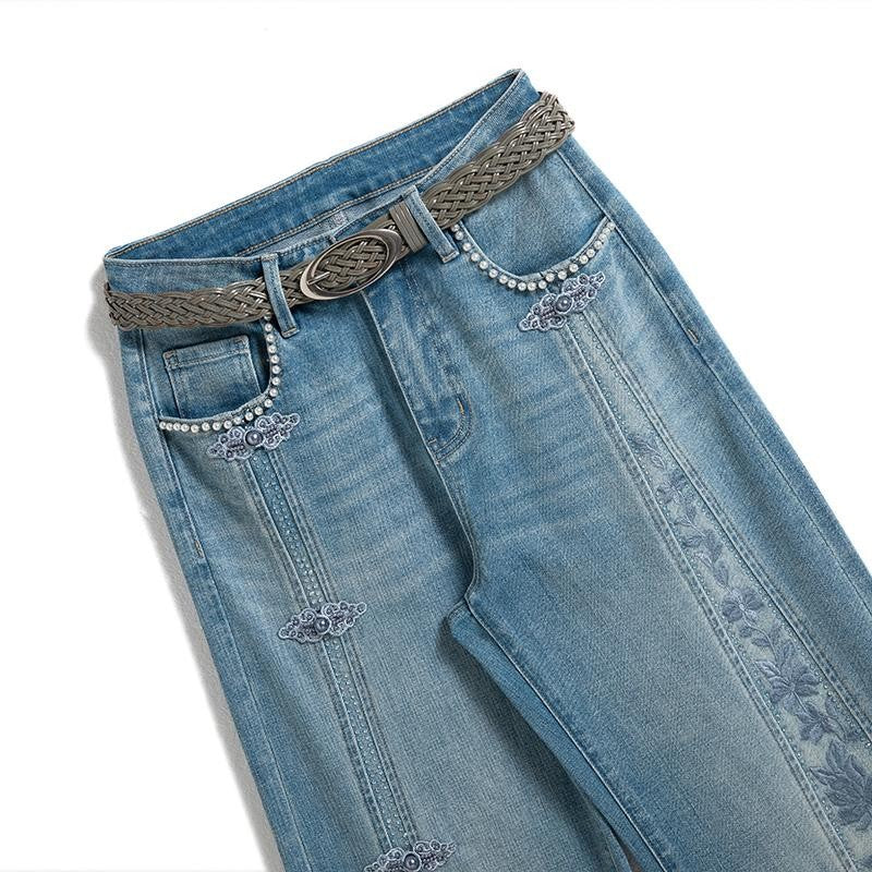 Pearl-Frog Embroidered Wide-Leg Jeans