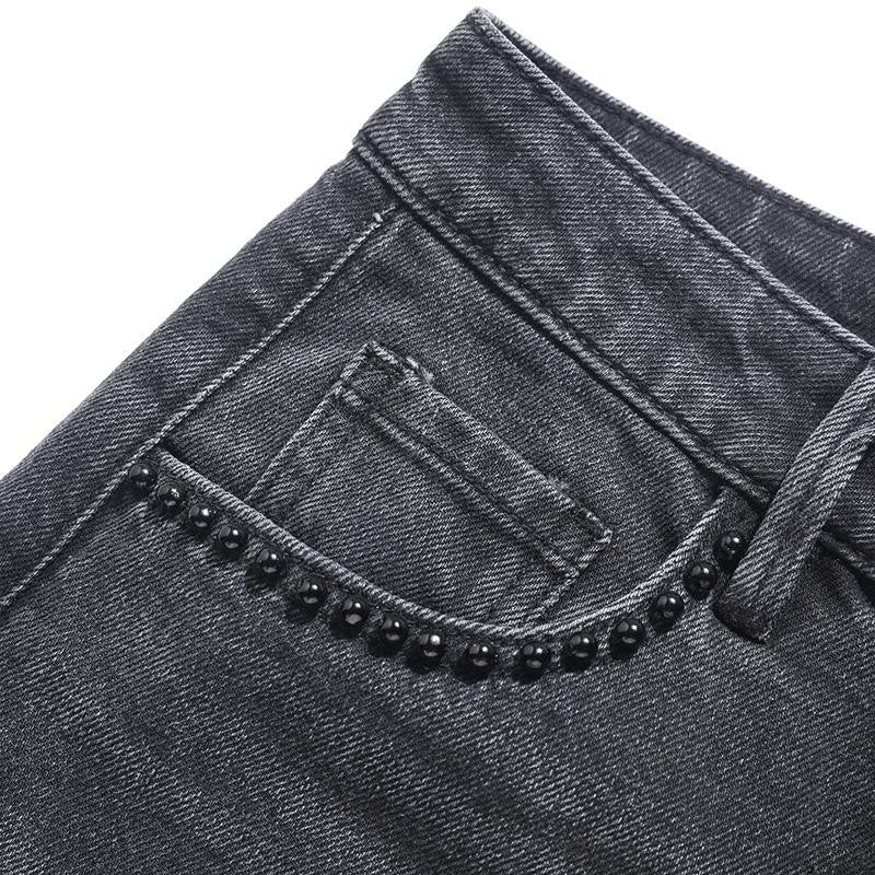 Pearl-Embellished Embroidery Cut-Out Whisker Jeans