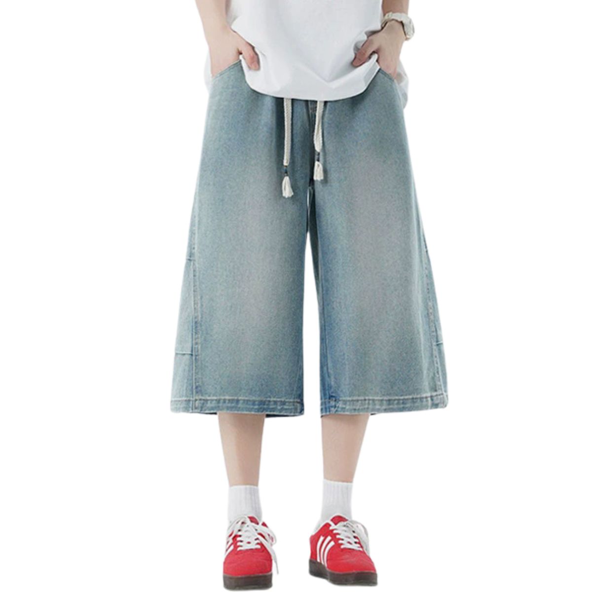 Cropped Wide-Leg Washed Denim Pants