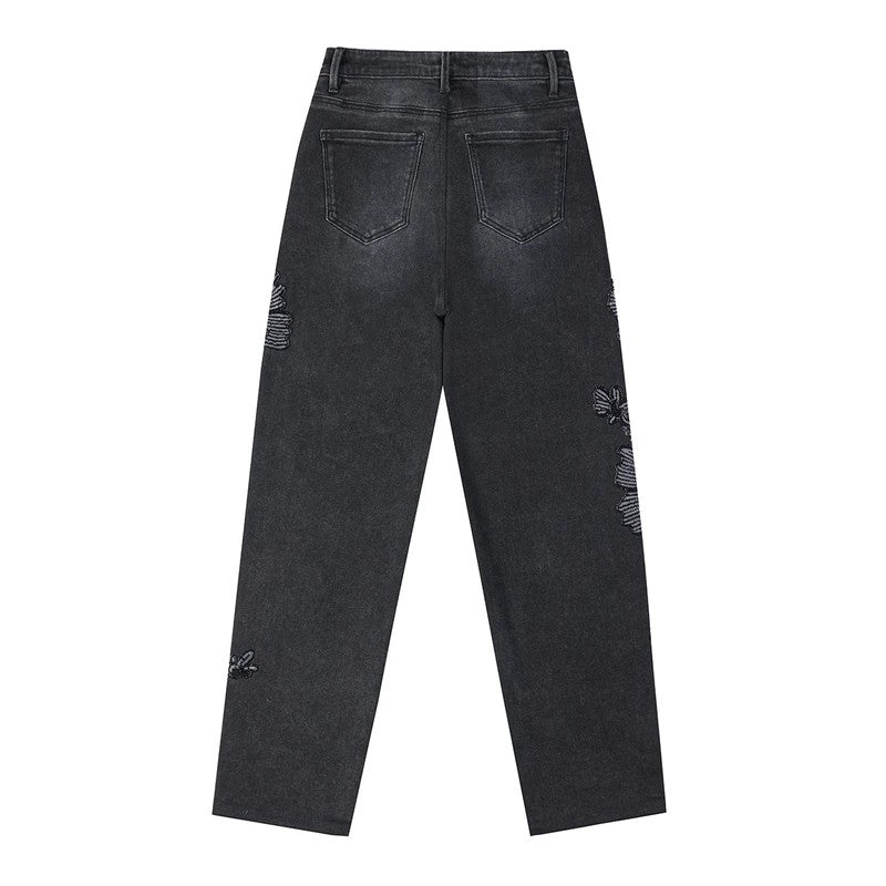 Sequined & Beaded Floral Embroidery Tapered Ankle Jeans