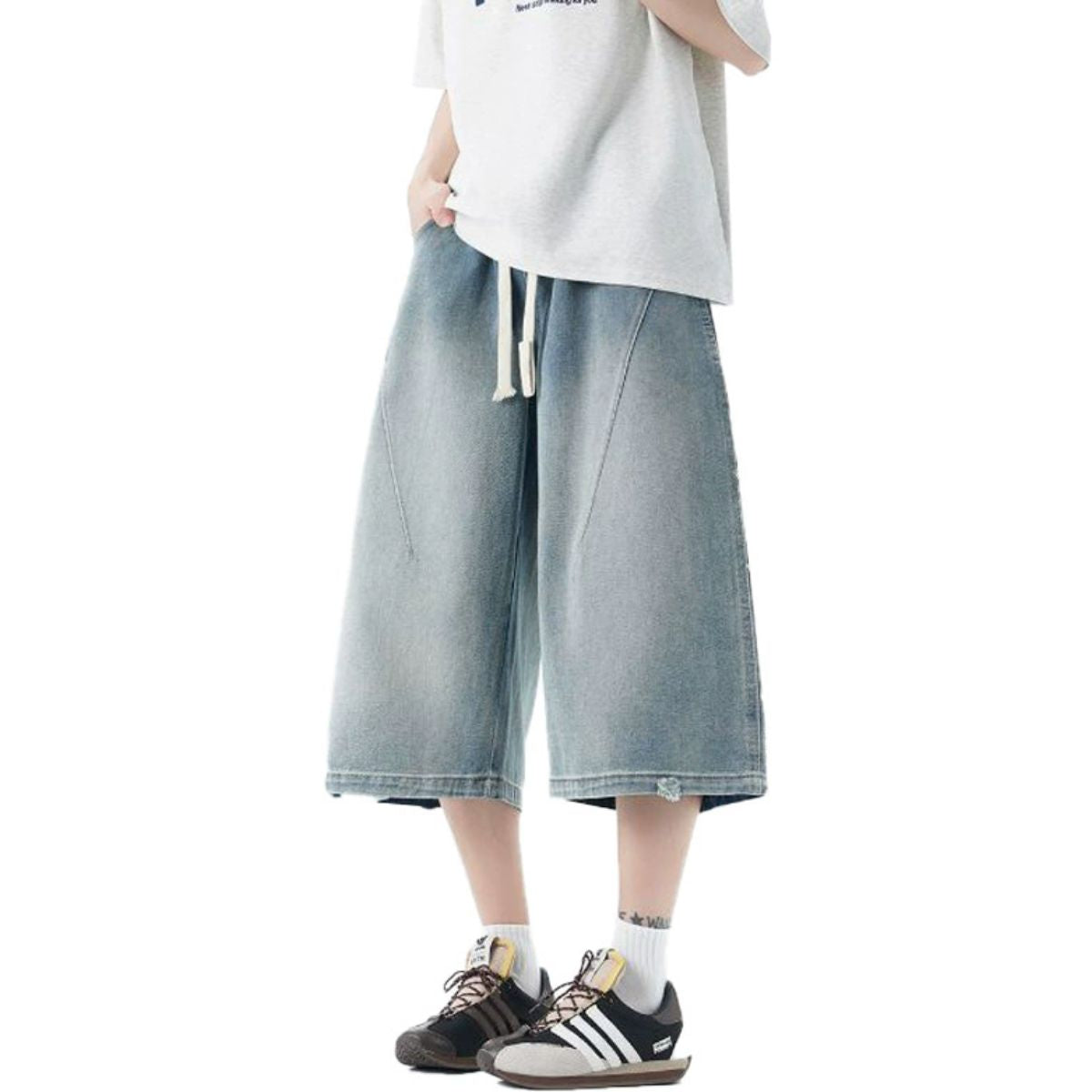 Cropped Wide-Leg Distressed Denim Pants