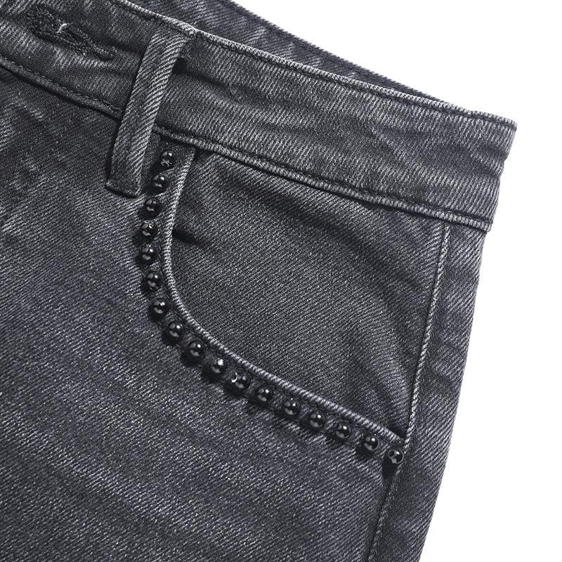 Pearl-Embellished Embroidery Cut-Out Whisker Jeans