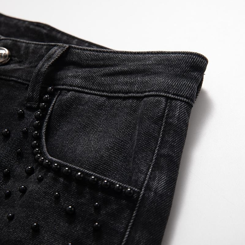 High-Waisted Pearl-Beaded Cut-Out Jeans