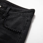 Rose Embroidered Lace-Cut Jeans with Pearl Beading