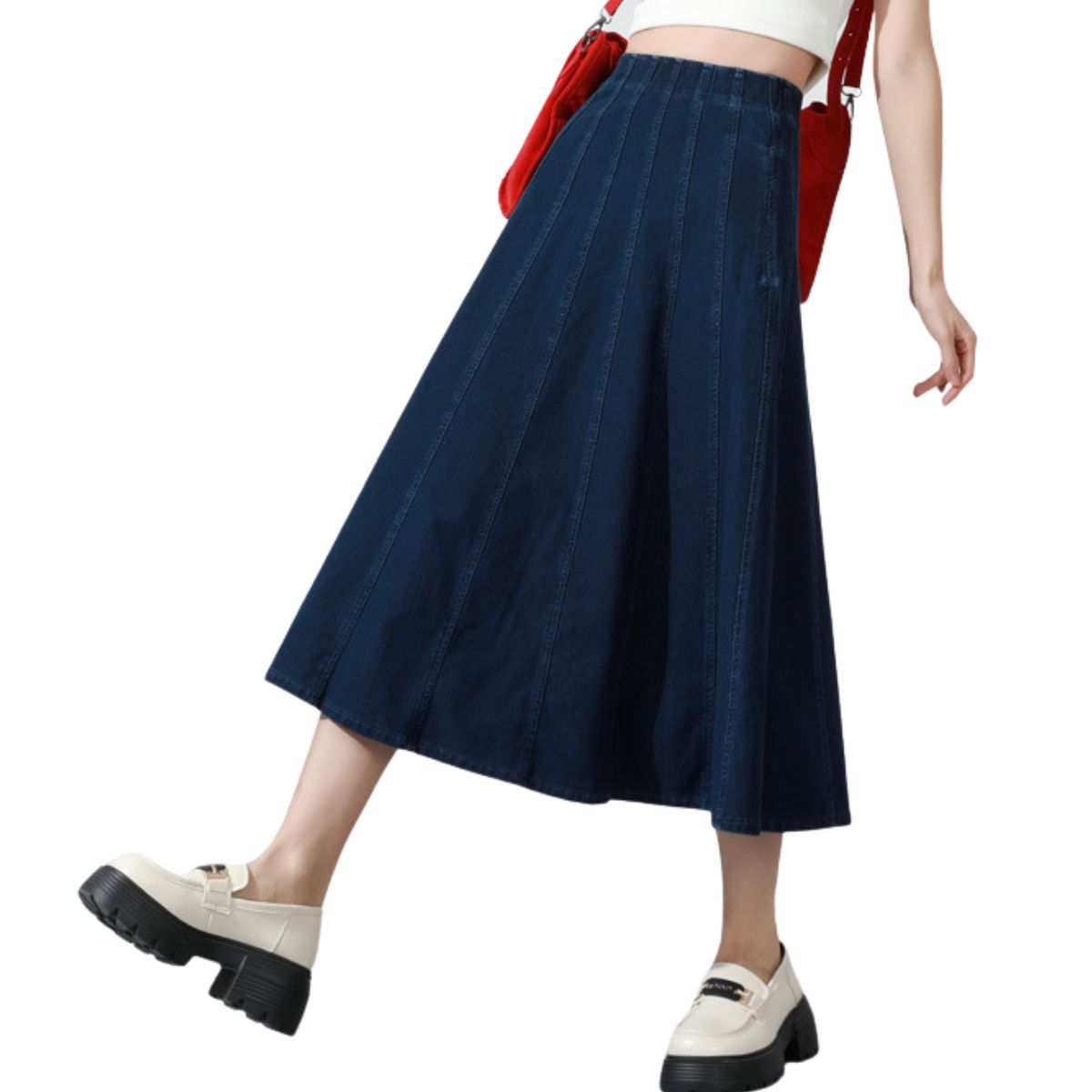 High-Waisted Pleated Knit Denim Midi Skirt