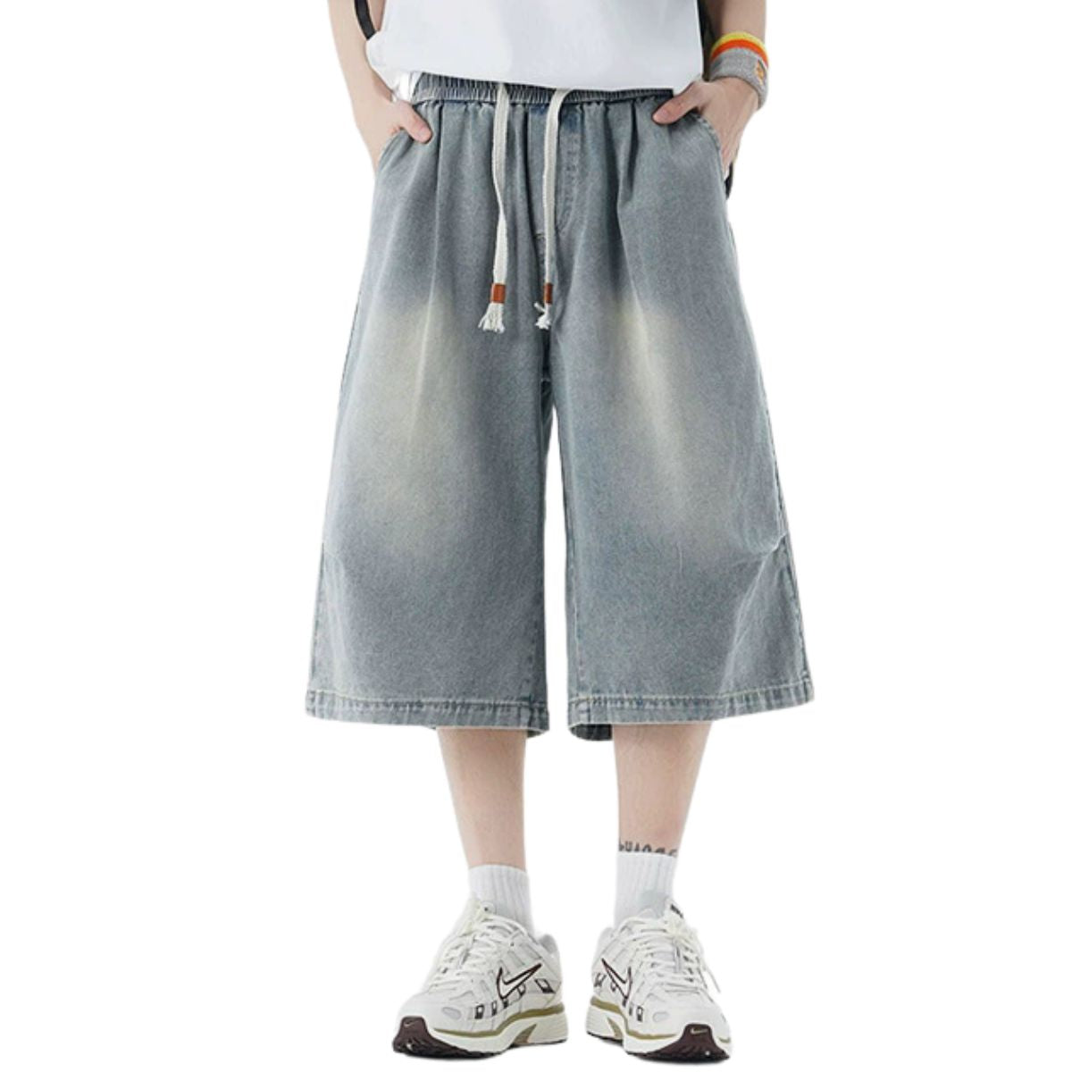 Drawstring Waist Washed Cropped Denim Pants