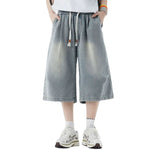 Drawstring Waist Washed Cropped Denim Pants
