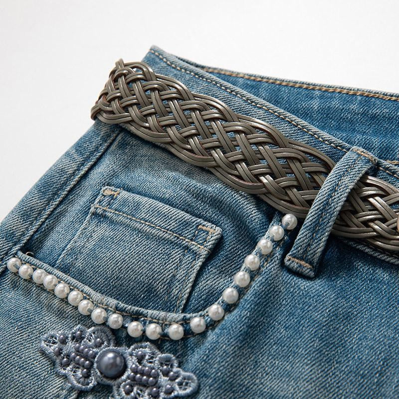 Pearl-Frog Embroidered Wide-Leg Jeans