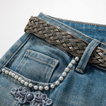 Pearl-Frog Embroidered Wide-Leg Jeans