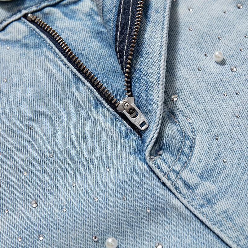 Embroidered Cut-Out Pearl Rhinestone Ankle Jeans