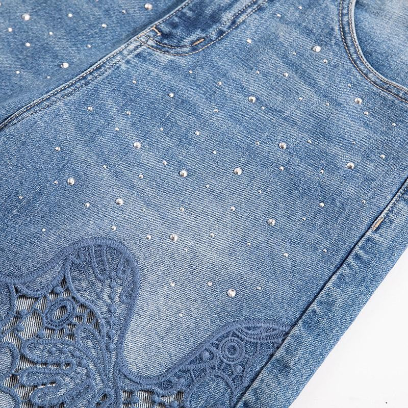 Raw Hem Floral Lace-Cut Jeans with Rhinestones