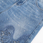 Raw Hem Floral Lace-Cut Jeans with Rhinestones