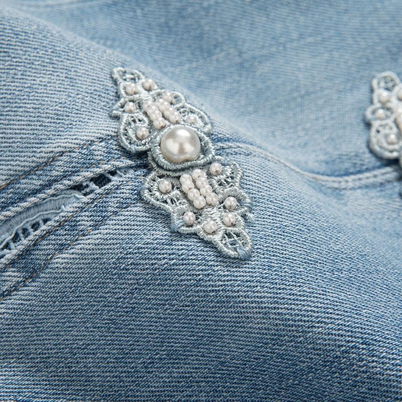 Pearl-Beaded Frog Closure Jeans with Cut-Outs