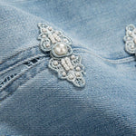 Pearl-Beaded Frog Closure Jeans with Cut-Outs