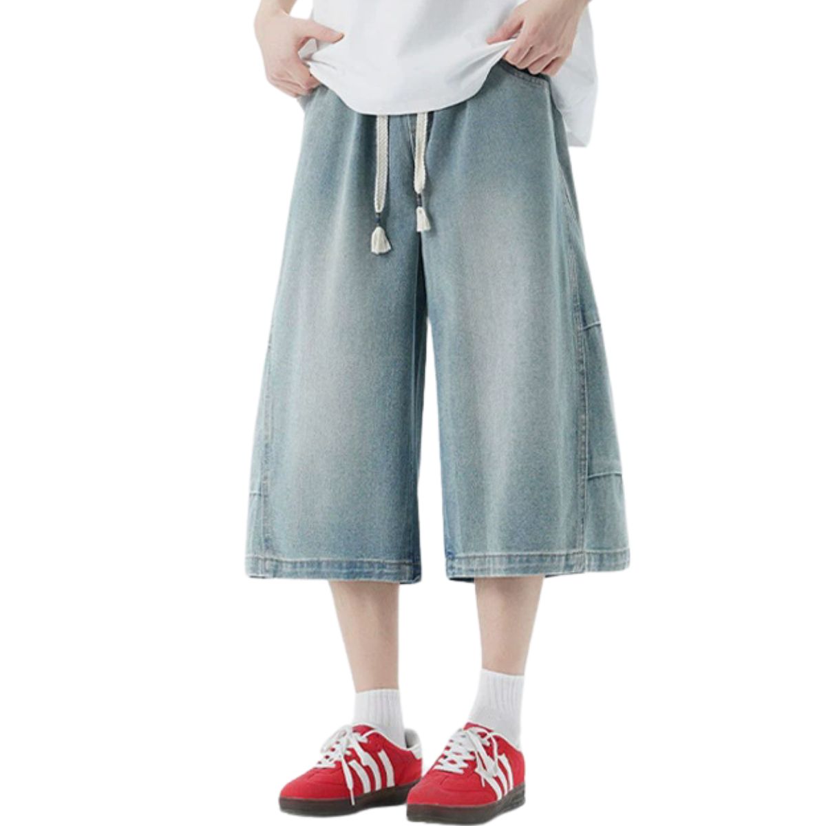 Cropped Wide-Leg Washed Denim Pants