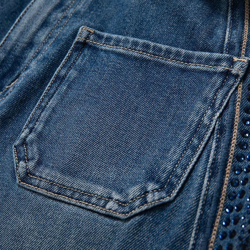 Floral-Embroidered Cut-Out Jeans with Rhinestones