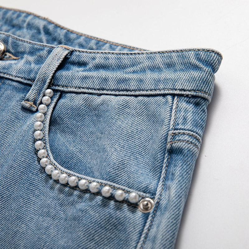 Floral Embroidered Pearl-Beaded Cut-Out Jeans