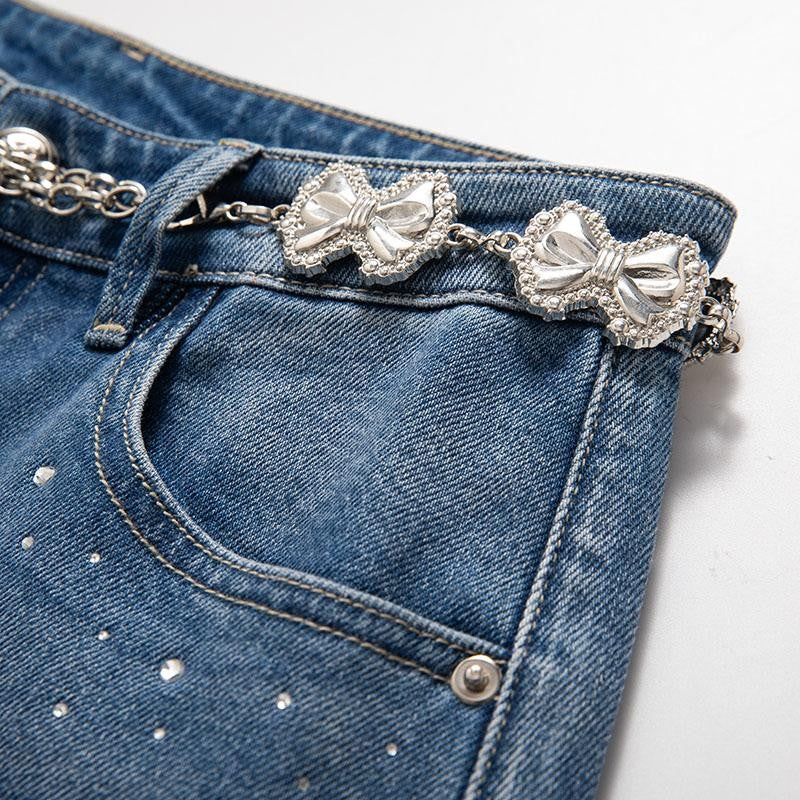 Rhinestone-Transferred & Embroidered Cut-Out Jeans