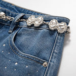 Rhinestone-Transferred & Embroidered Cut-Out Jeans