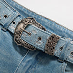 Wide-Leg Rhinestone & Embroidered Cut-Out Jeans