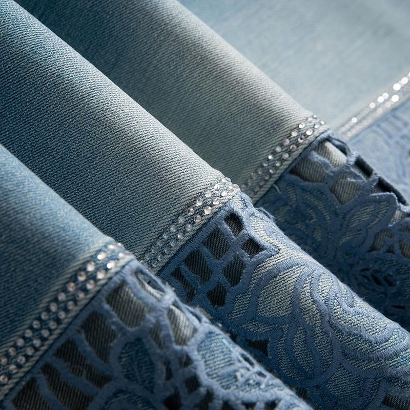 Wide-Leg Rhinestone & Embroidered Cut-Out Jeans