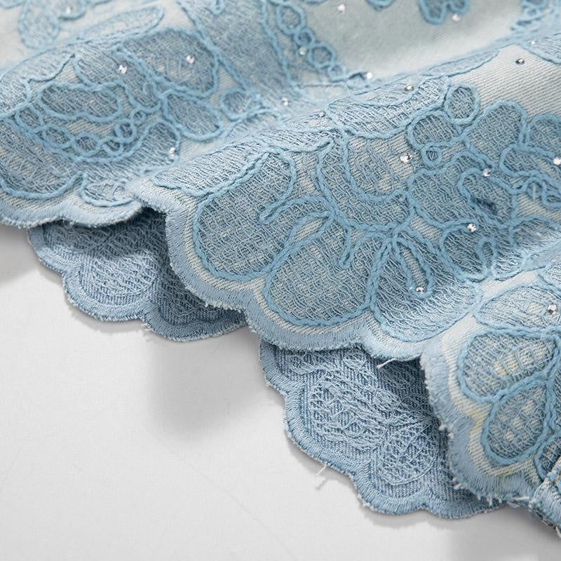 Heavy-Embroidered Rhinestone Denim A-Line Skirt