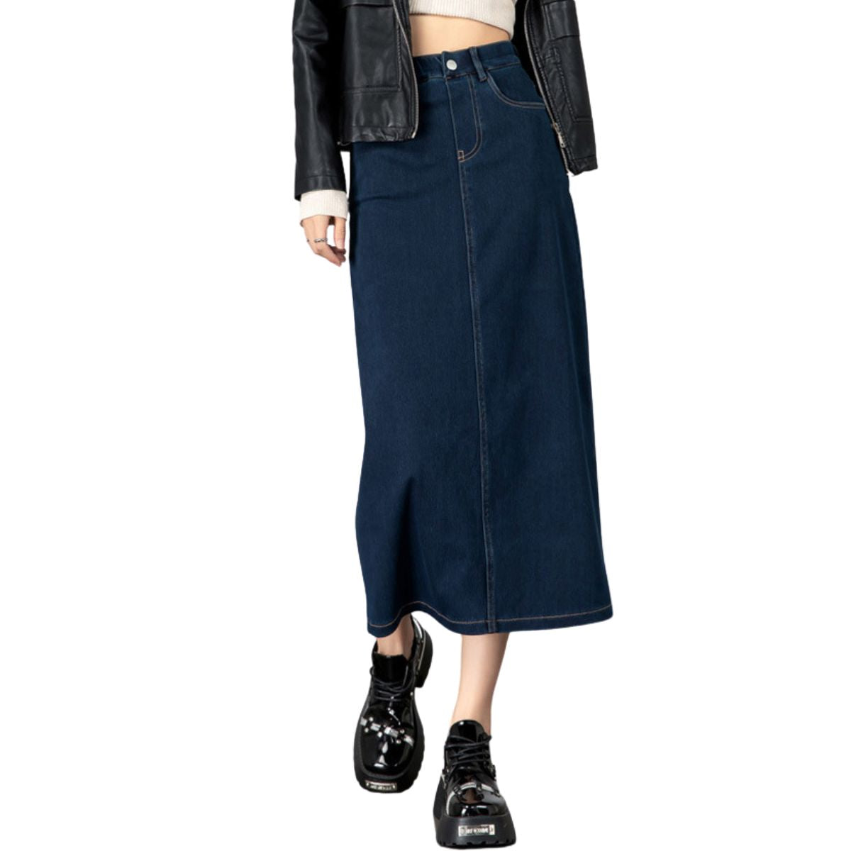 Women's Straight-Cut Jersey Denim Midi Skirt