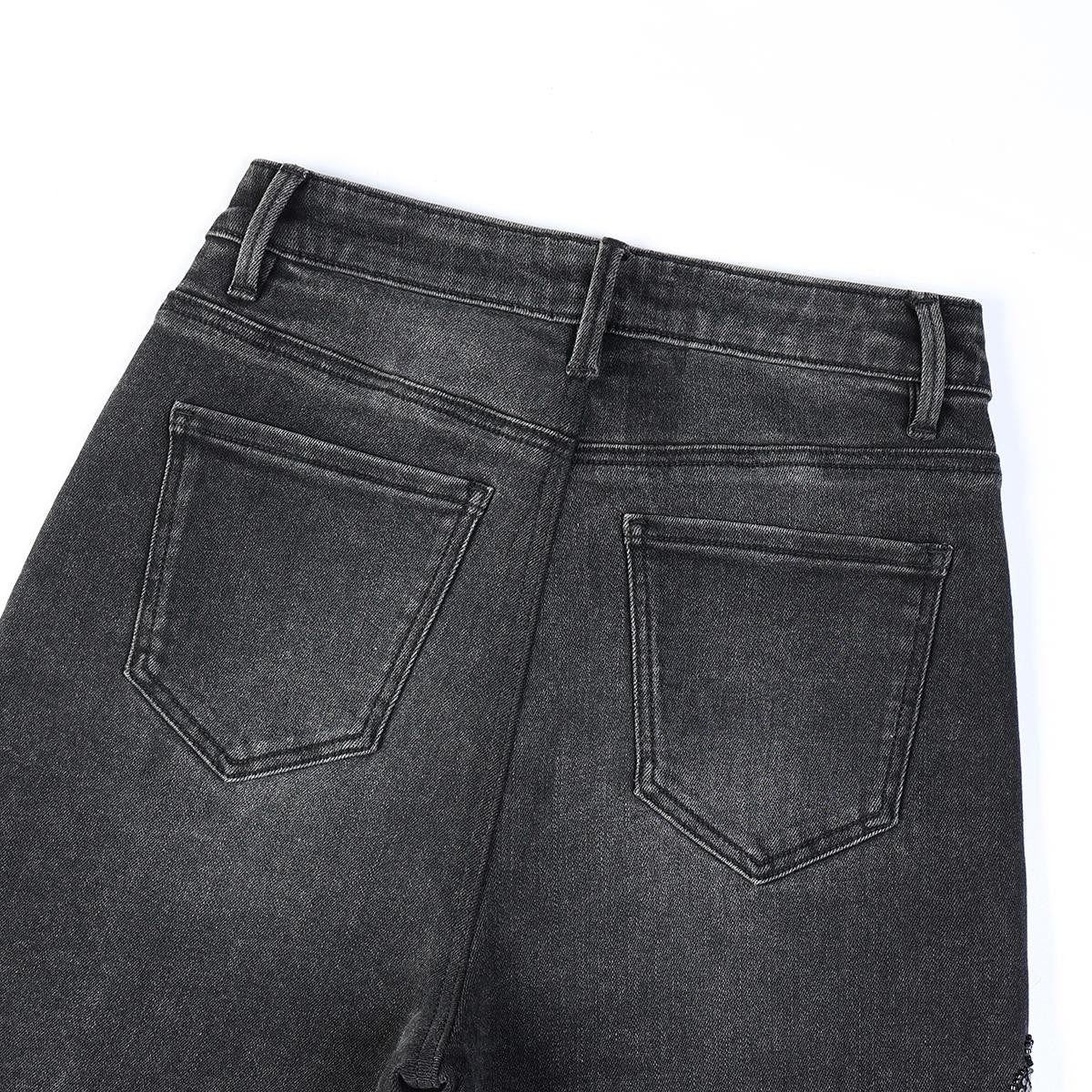 Sequined & Beaded Floral Embroidery Tapered Ankle Jeans