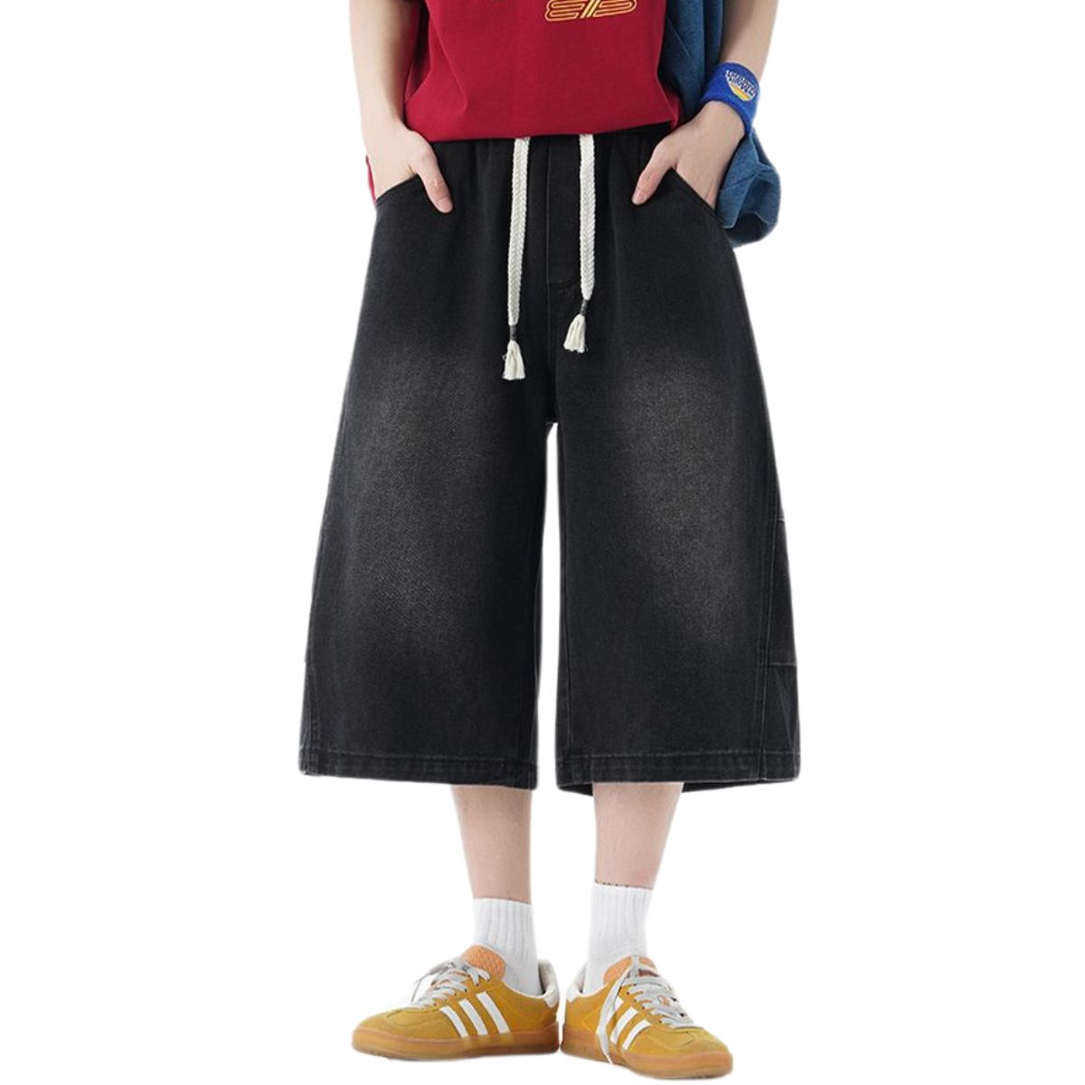 Cropped Wide-Leg Washed Denim Pants