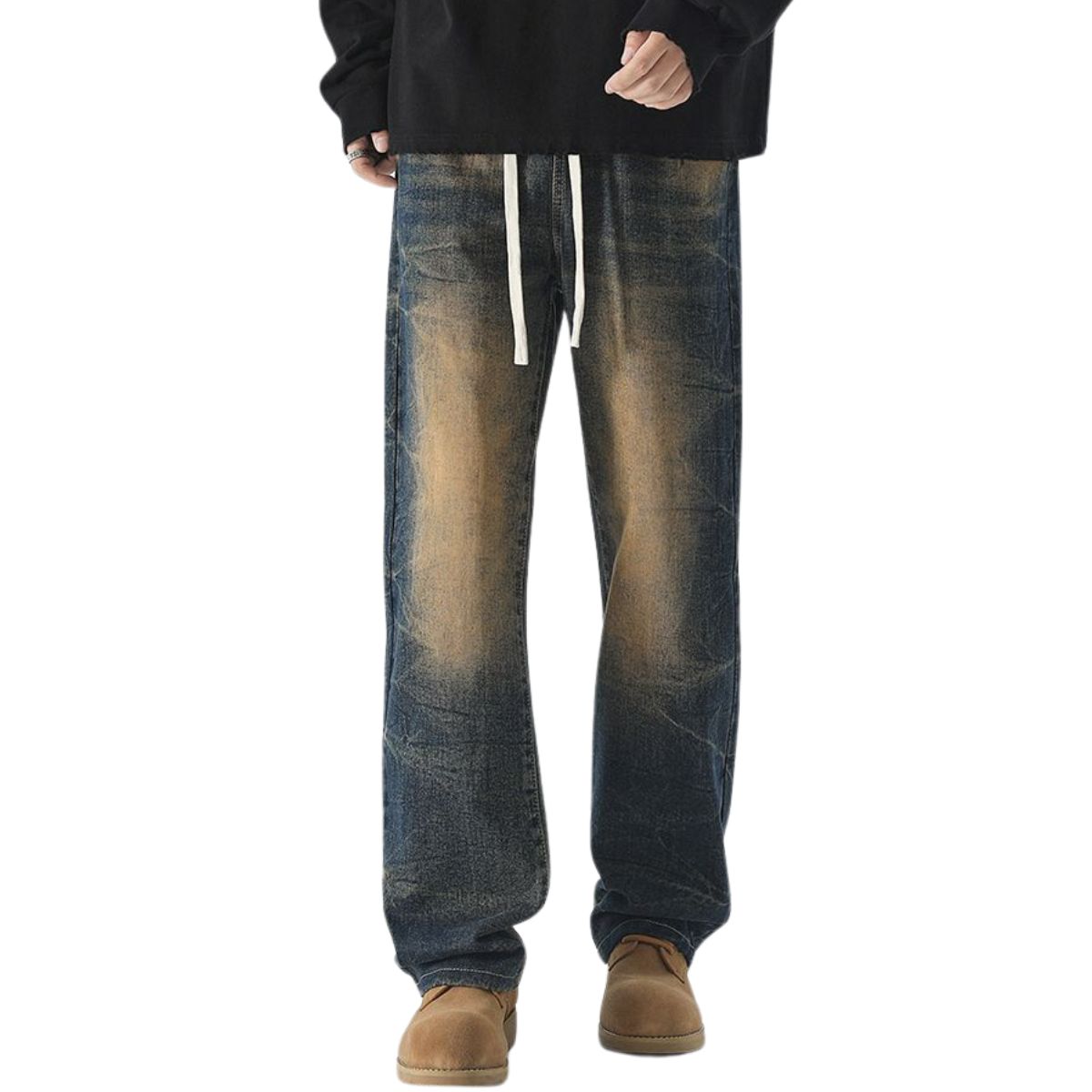 Drawstring Waist Vintage Washed Denim Jeans