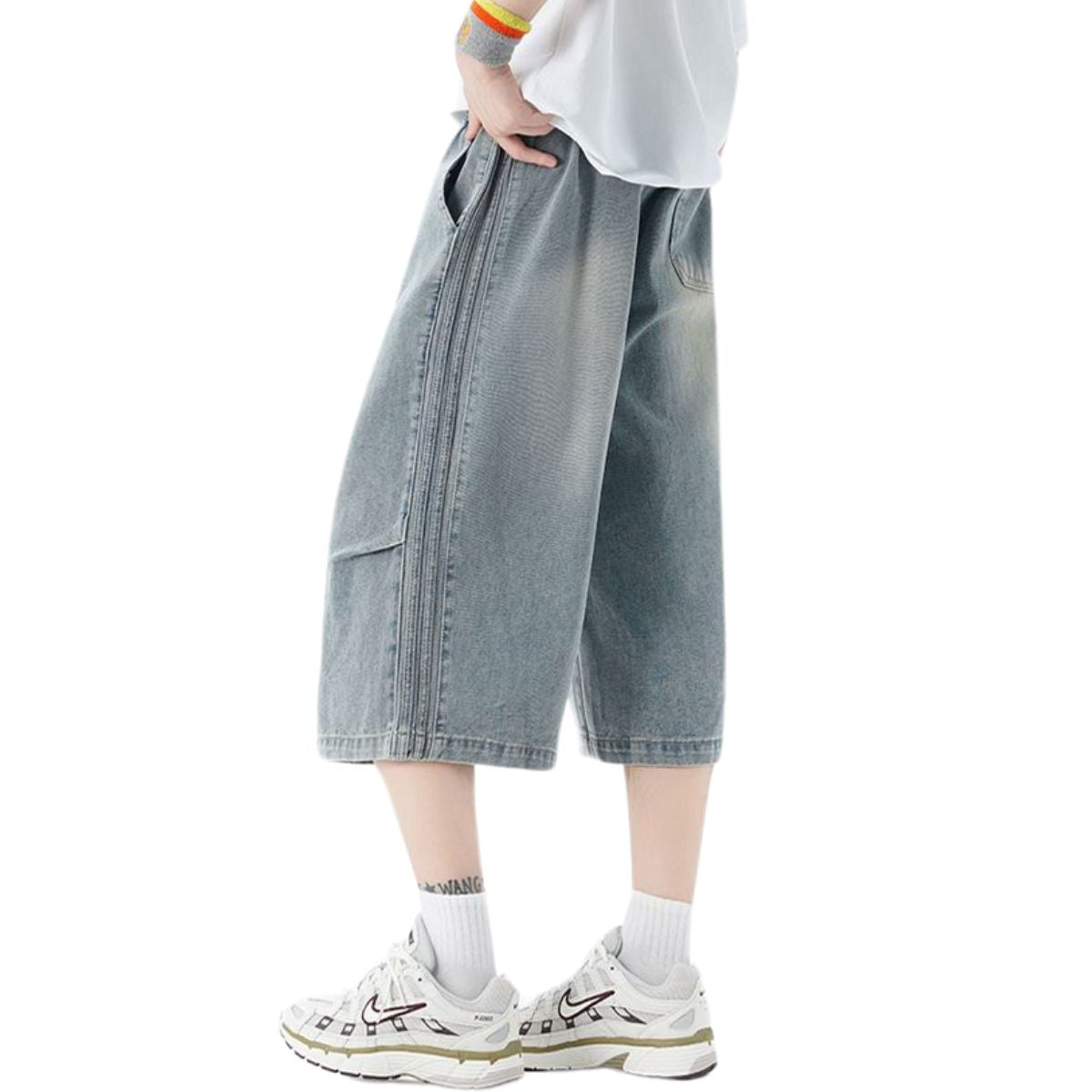 Drawstring Waist Washed Cropped Denim Pants