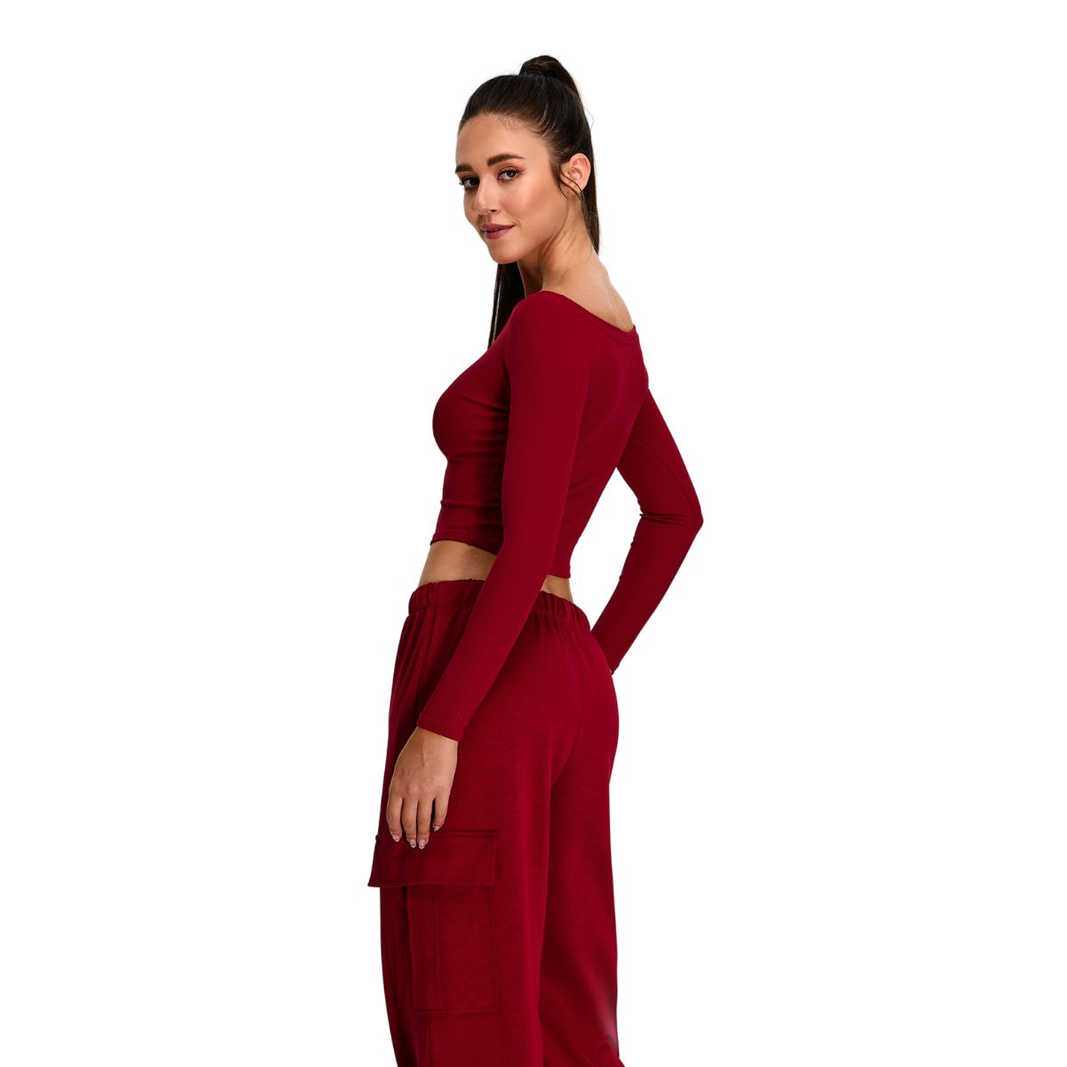 Off-Shoulder Seamless Long-Sleeve Crop Tee