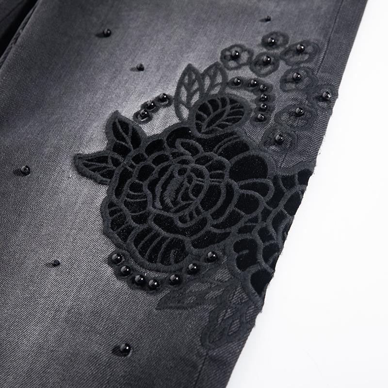 Pearl-Embellished Floral-Embroidered Whisker Jeans