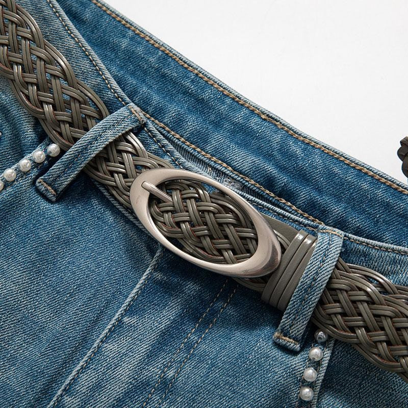 Pearl-Frog Embroidered Wide-Leg Jeans