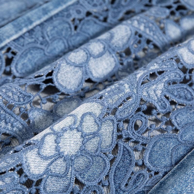 Raw Hem Floral Lace-Cut Jeans with Rhinestones