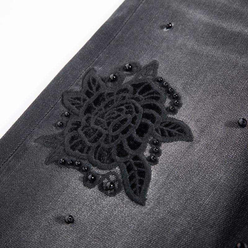 Pearl-Embellished Floral-Embroidered Whisker Jeans