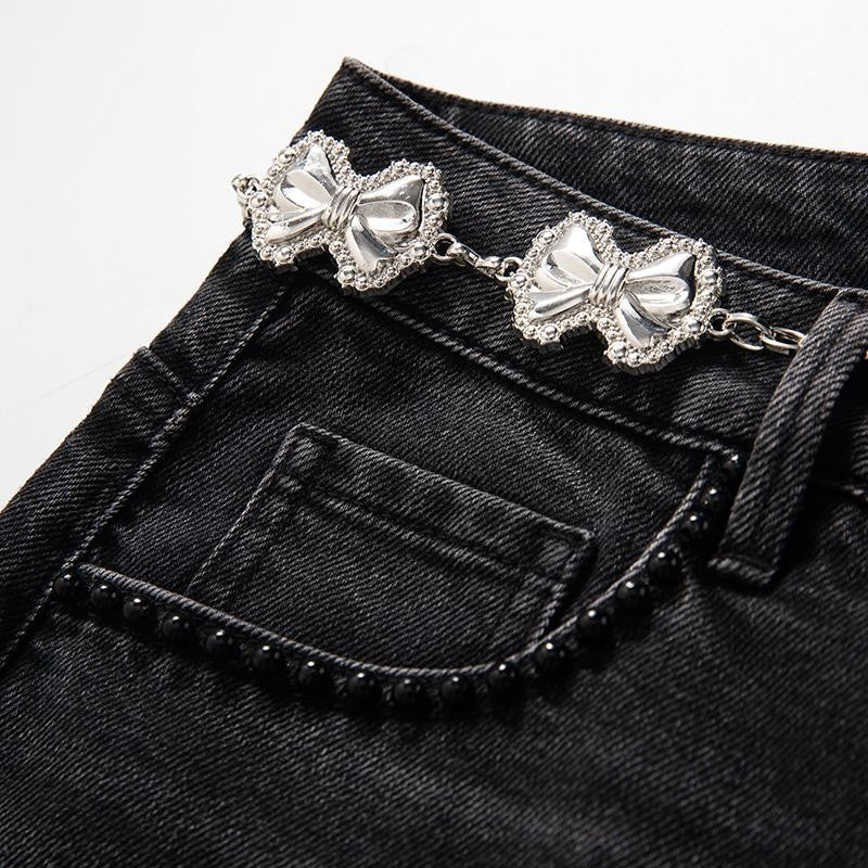 Pearl-Beaded & Rhinestones-Transferred Embroidered Jeans