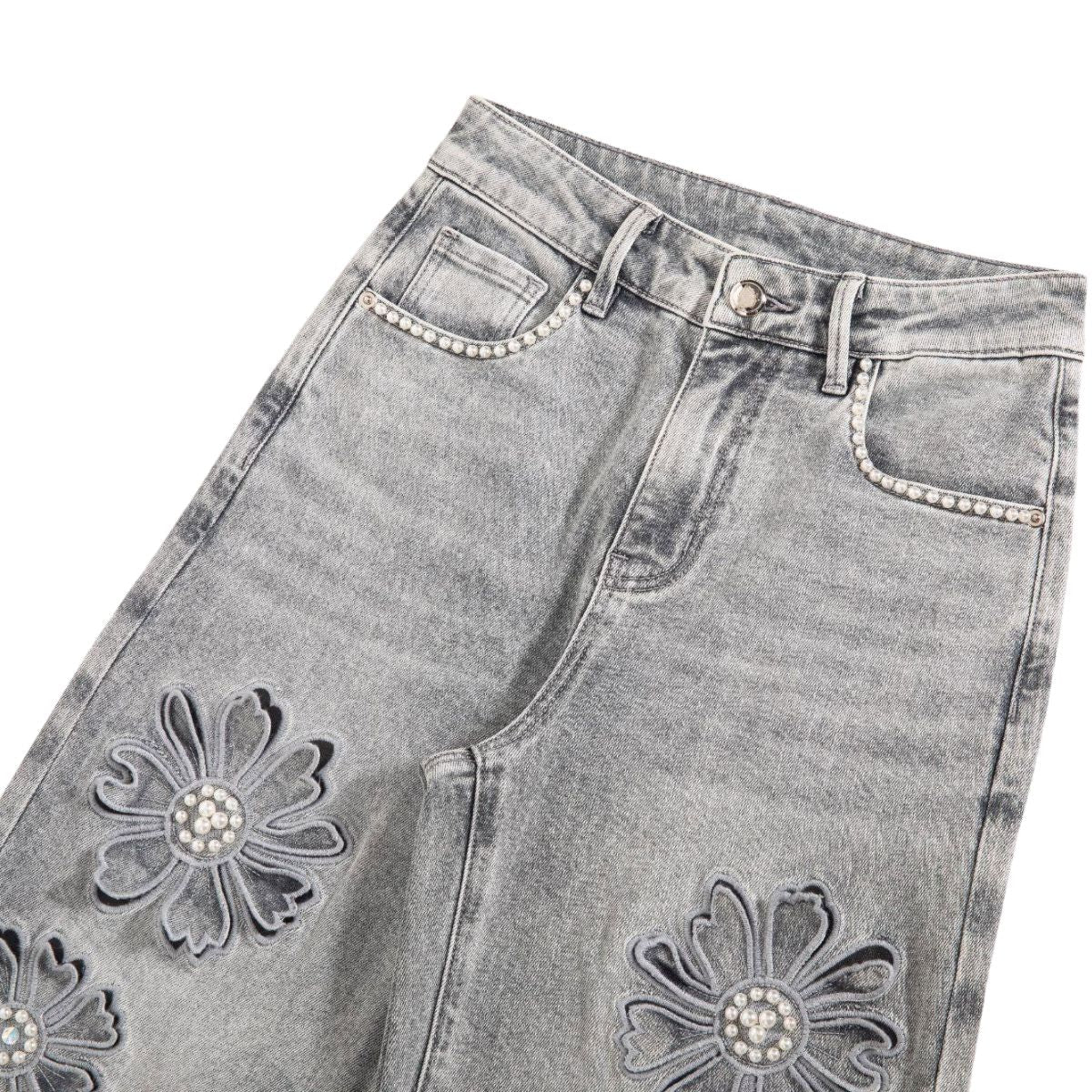 Beaded-Embroidered Floral Cut-Out Ankle Jeans