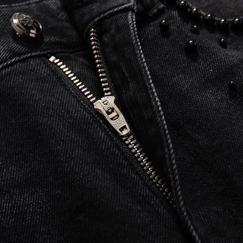 High-Waisted Pearl-Beaded Cut-Out Jeans