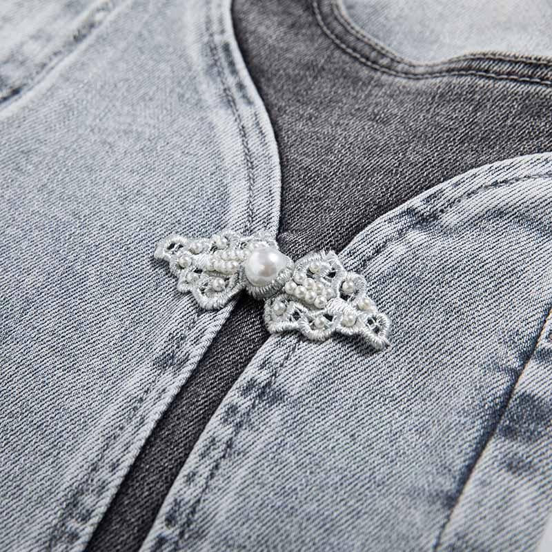 Patchwork Pearl-Frog Closure Embroidered Jeans