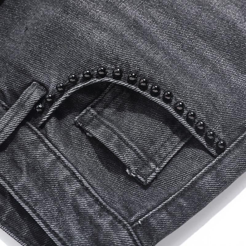 Pearl-Embellished Embroidery Cut-Out Whisker Jeans