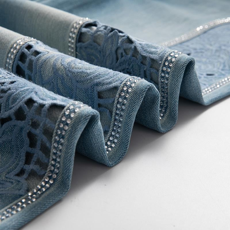 Wide-Leg Rhinestone & Embroidered Cut-Out Jeans