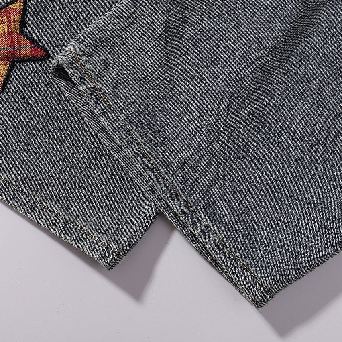Plaid Trim Star Patched Wide Leg Denim Jeans