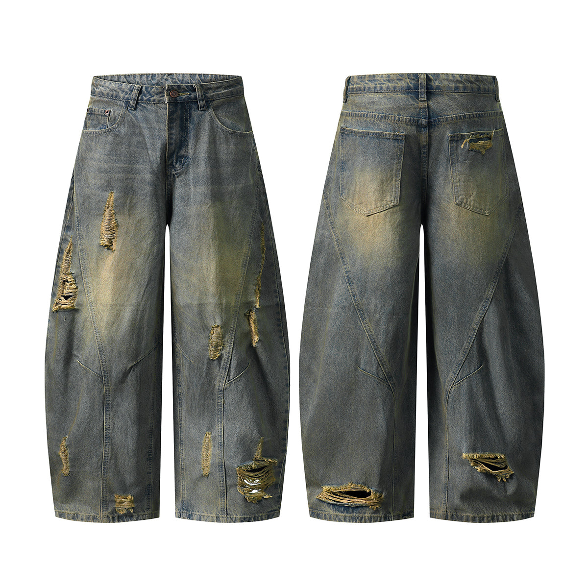 Panel Stitching Barrel-Leg Ripped Jeans