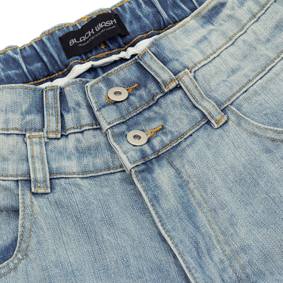 Double Waistband Distressed Denim Bermuda Shorts