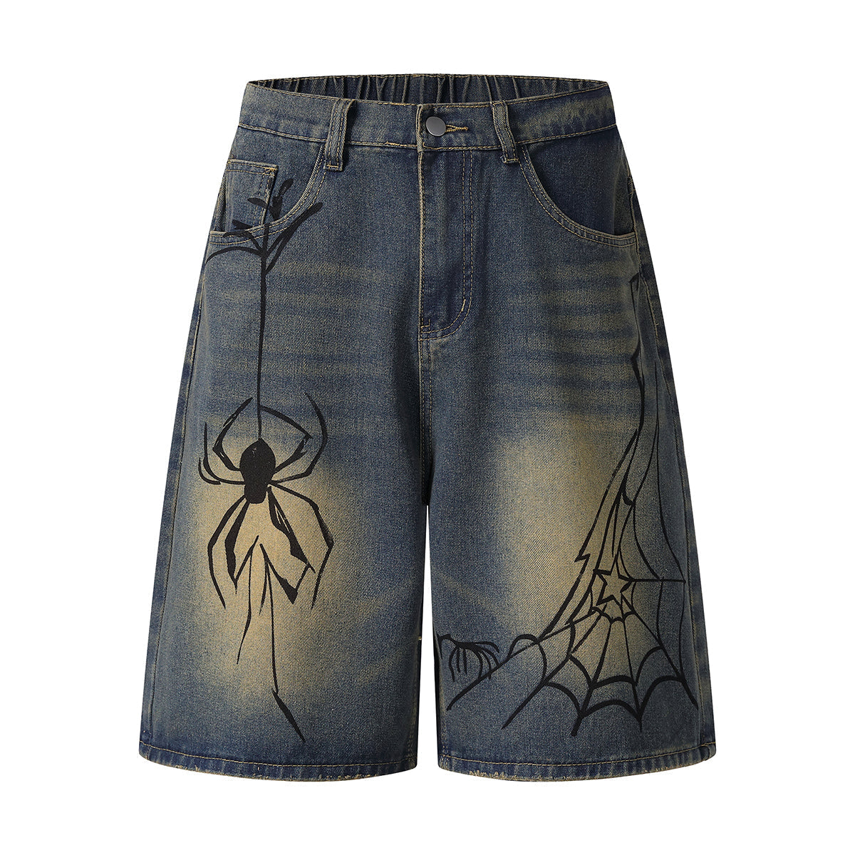 Spider & Web Print Denim Bermuda Shorts