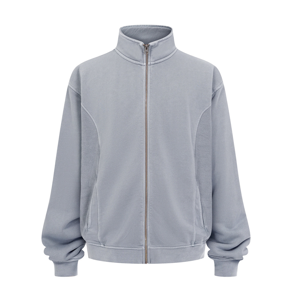 Stand Collar Panel Detail Washed Zip Up Sweatshirt